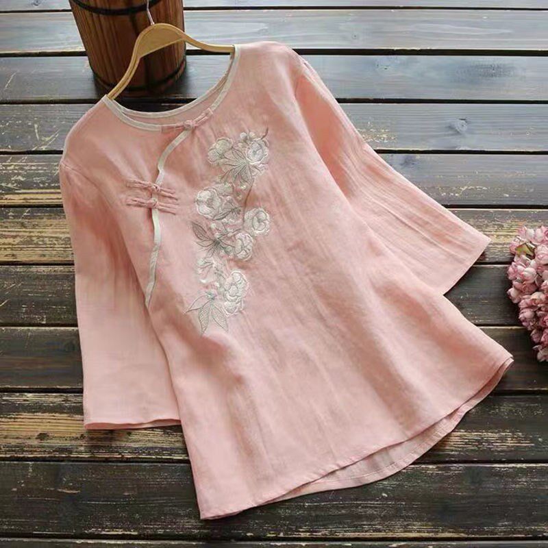 Pure cotton 2021 summer new literary retro ethnic style loose slanted lapel Chinese style buttoned three-quarter sleeve women's T-shirt - Taobao