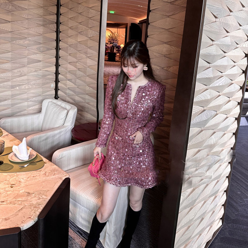 [in Stock] Festive Celebration High-End Pink Sequin Long Sleeve Waist-Cinching Unique Design Dress for Women