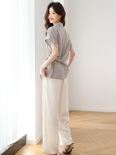 Modischer Anzug für Damen im Sommer 2025, neues Design, lässiger Tencel-Kurzarm-Hemd mit weitem Bein und Hose im westlichen Stil, zweiteiliges Set