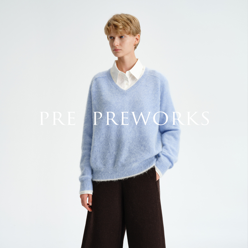 Pre Preworks Fluffy Mohair Merino Wool V-Neck Contrasting Edge Stitching Loose Knitted Sweater