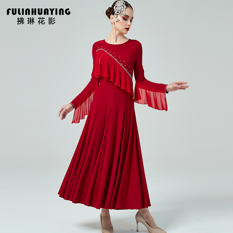 Pretlin Flower Shadow Long sleeves National Label Dance Costume Round collar Morden Dance Practice Costume for social dance waltz Waltz Competition women