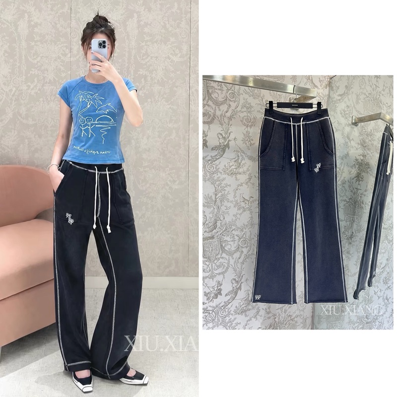 Sample Purchase】Actual Photo Comparison ~ Distressed Embroidered Stickman Casual Pants, Slightly Flared Sweatpants for Women, Size 26, Autumn and Winter Sample Purchase】Actual Photo Comparison ~ Distressed Embroidered Stickman Casual Pants, Slightly Flared Sweatpants for Women, Size 26, Autumn and Winter