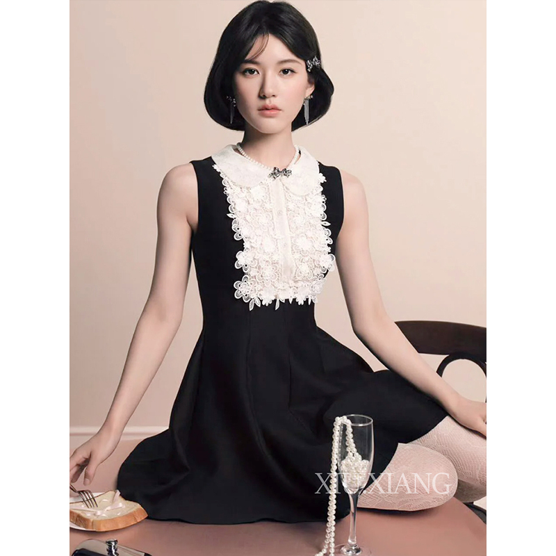Original Factory Yarn】Zhao Lusi's Same Style~ Miu-Style Outfit Black Sleeveless Dress for Petite Women with a High-End Feel