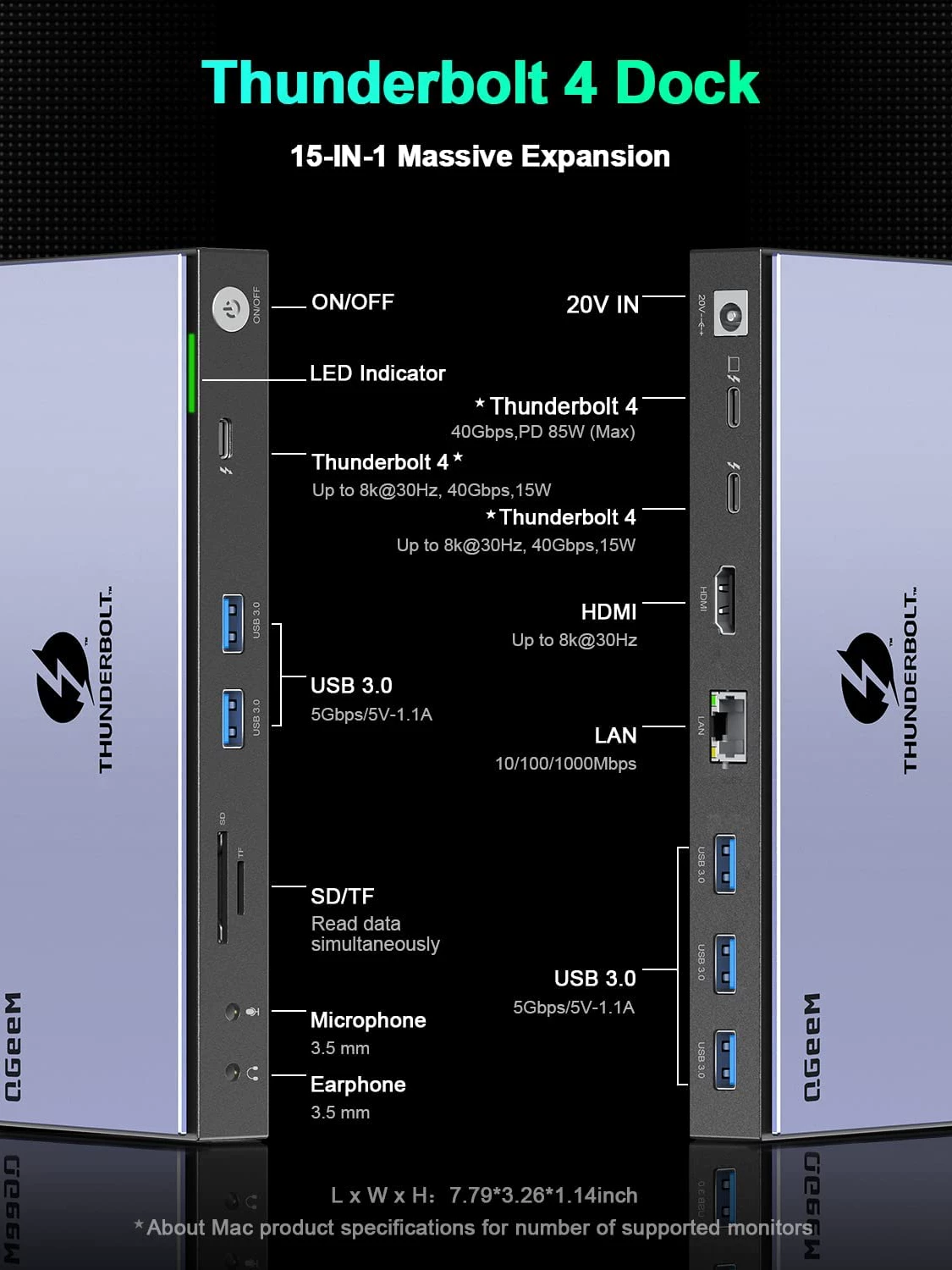 Thunderbolt Thunderbolt4 Расширение Qgeem 15 -ин -Универсальный USB C Дислатинист двойной дисплей 4K или одиночный 8K HDMI HD вывод видео совместимо ноутбуку