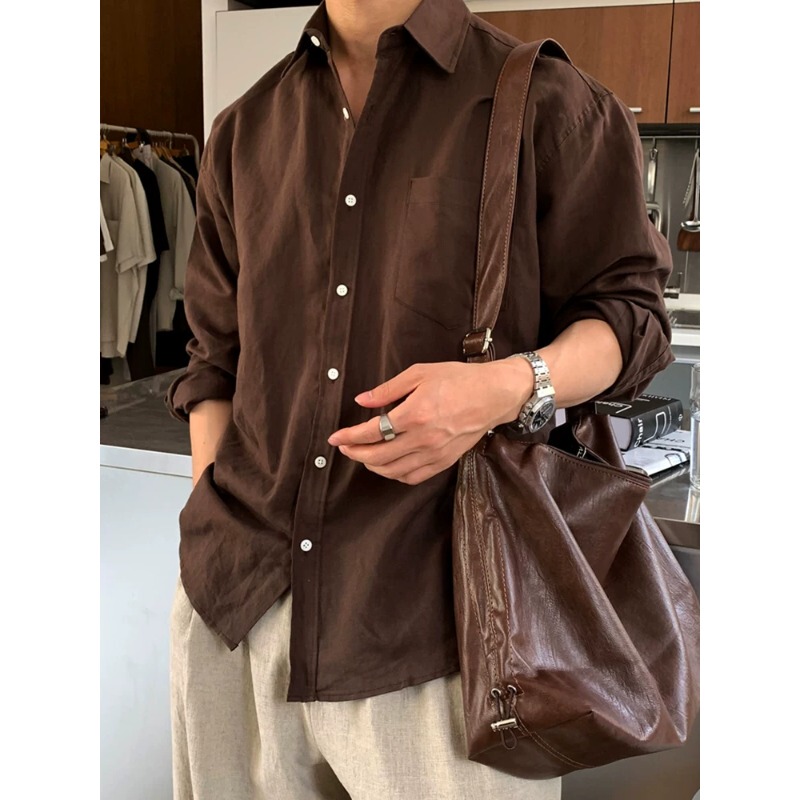 New Rich Old Money Style Brown Long-Sleeved Cotton and Linen Shirt for Men, Spring Korean Style, Light Mature Style, Loose and Versatile Casual Shirt
