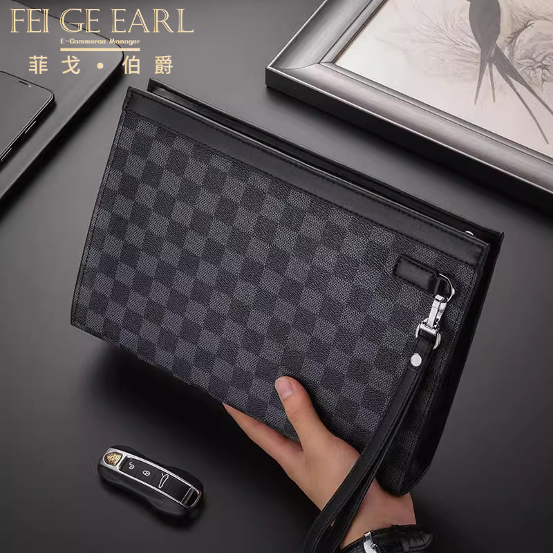 Men's Handbags Leather Luxury High-end Plaid Letter Enveloping Business Casual Large Capacity Hand Grip Bag-Taobao