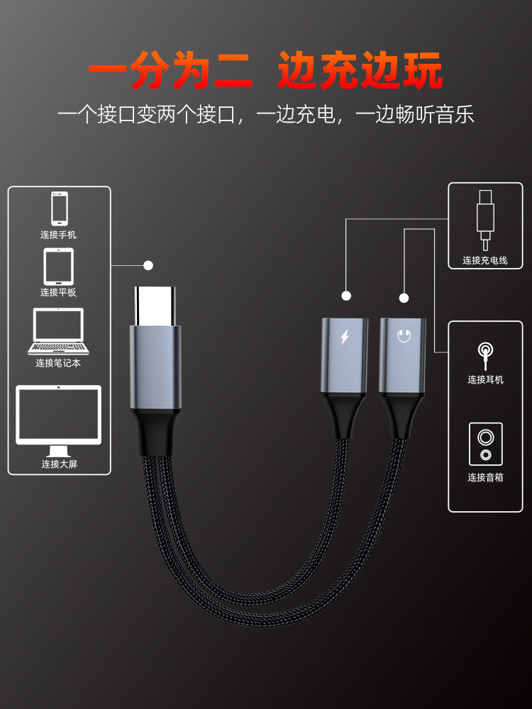 Sakore Mobile Phone One-To-Two Audio Adapter Is Suitable for Apple Iphone16Pro15Promax Tablet Ipadproipadair Mini Fast Charging Pd60Wtype-C Headphones and Speakers