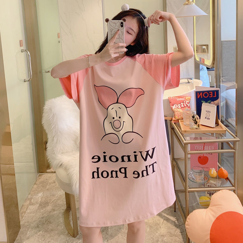 Sleeping Skirt Woman Summer Long Version Pure Cotton Short Sleeves Large Size Size Up Loose Full Cotton Pyjamas Chubby Pregnant Woman Jaggi Thin