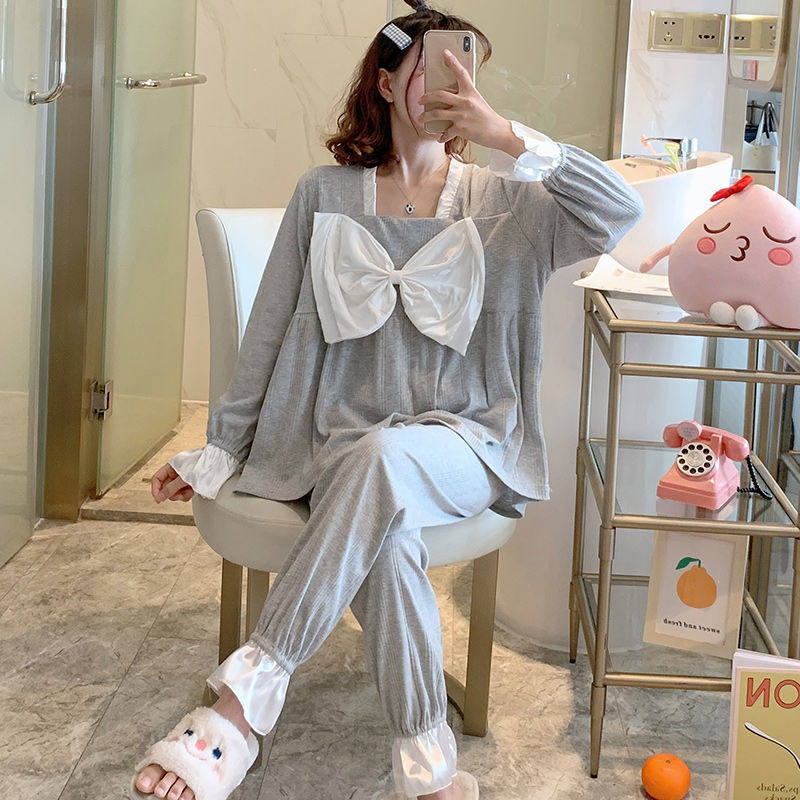 Sleepwear Woman Spring Autumn Season New Cotton Long Sleeves Extractable Grey White Winter Full Cotton Net Red Home Suit Suit
