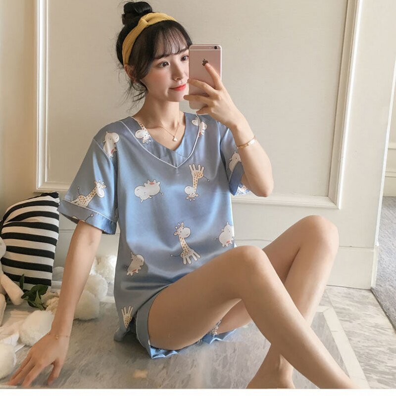 Pajamas women's summer short-sleeved ice silk Korean version student cute thin loose home clothes two-piece two-piece suit can be worn outside