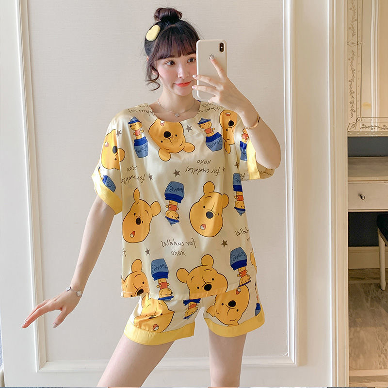 Sleepwear Women's Summer Ice Silk Short Sleeve Thin suit Step up Code Loose Emulation Silk Lady Cartoon Home Conserved Sky