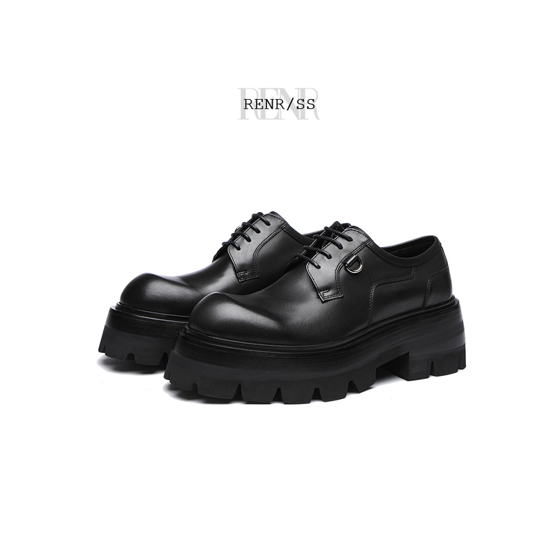 [Same Style as Wang Jiaer] Men's Renr Lace-Up Leather Shoes, Height-Increasing Thick-Soled Leather Shoes, Large-Toe Derby Shoes