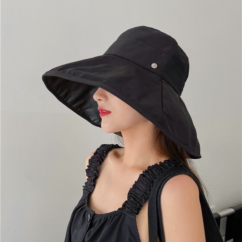 Evidison Free summer sun hat female black glue sunscreen face cover letter small M standard fashion casual fisherman hat