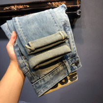New light blue jeans mens autumn new trend brand fashion slim street youth high-end perforated trend pants