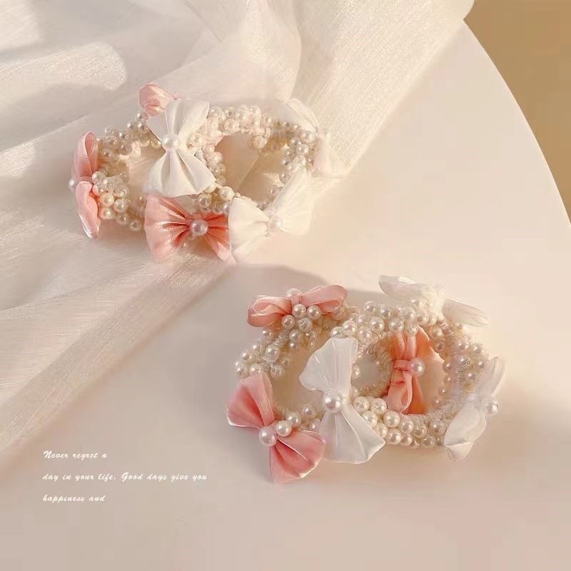 New spring and summer pearl bow hair ring high elasticity girl ball hair accessories simple handmade beaded hair ring