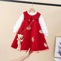 Korean girls red woolen cloth vest skirt children's 2021 new spring and autumn dress baby foreign style princess dress