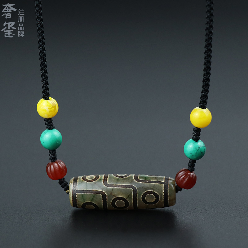 Nine-eyed Dzi pendant men's and women's horizontal hanging neck sweater chain Tibetan rough stone natural agate collarbone chain