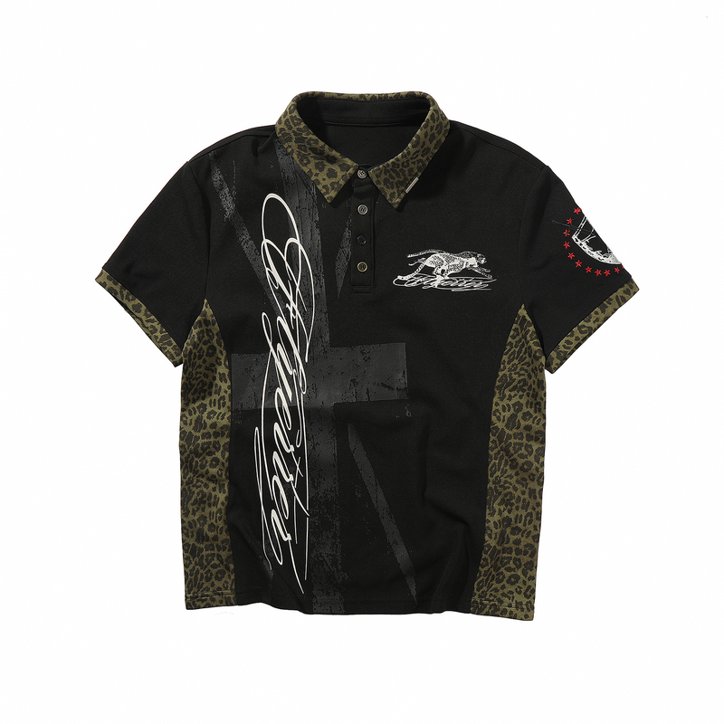 Flyerrer Yue Mo Leopard Print Patchwork Argyle Print Polo Shirt Cheetah Distressed Lapel Short-Sleeve Subculture T-Shirt Flyerrer Yue Mo Leopard Print Patchwork Argyle Print Polo Shirt Cheetah Distressed Lapel Short-Sleeve Subculture T-Shirt