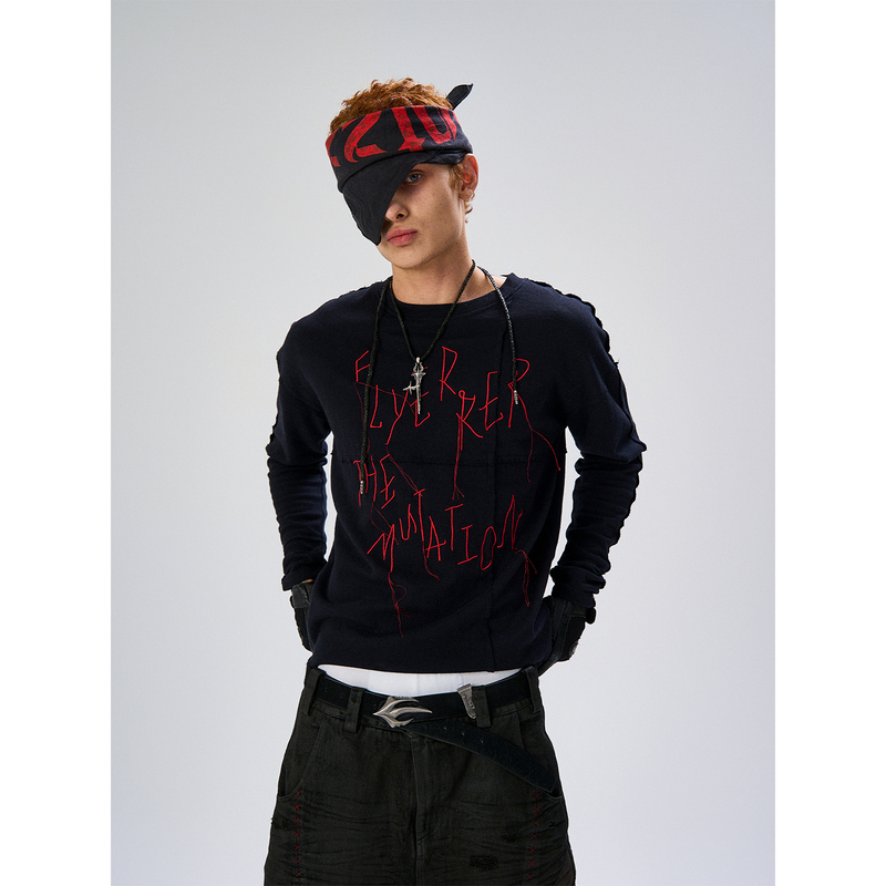 Flyerrer Yue Mo 25Aw Irregular Patchwork Design Black and Red Tassel Embroidered Knit Top Base T-Shirt Flyerrer Yue Mo 25Aw Irregular Patchwork Design Black and Red Tassel Embroidered Knit Top Base T-Shirt