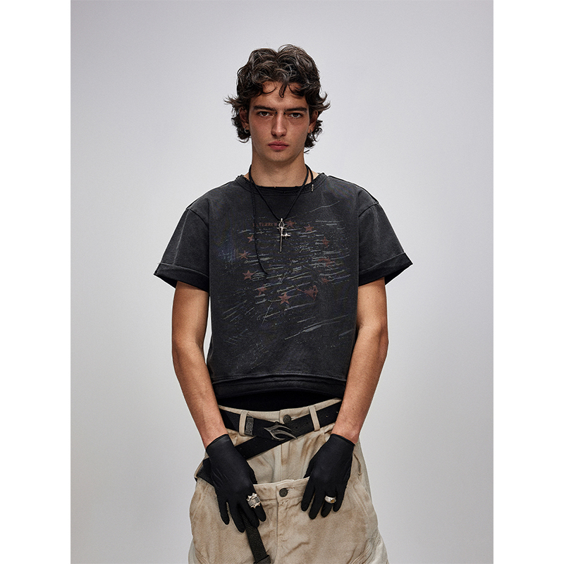 Flyerrer Yue Mo 25Ss American Retro Distressed Printed T-Shirt with Short Wide Double Hem, Round Neck, Pure Cotton Top