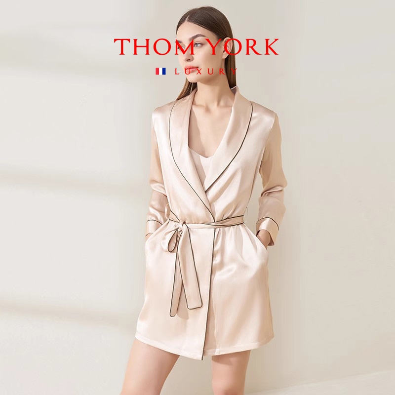 Thom York V-Neck Sexy Mid-Length Long-Sleeved Nightgown That Can Be Worn Outside, Women's High-End Home Wear, Thin Morning Robe