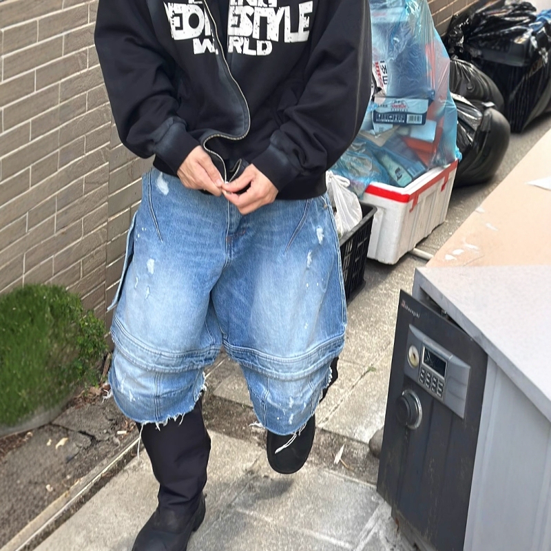 Far Archive Washed Distressed Disassembly Splicing Destroyed Paratrooper Overalls Cropped Pants Loose Denim Shorts Trendy