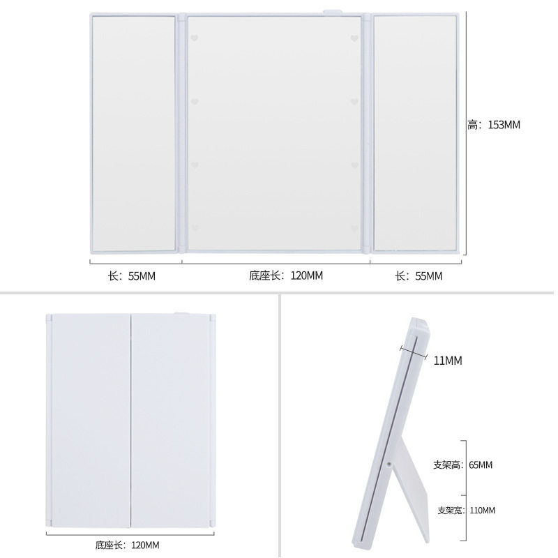 Makeup Mirror Subdesktop Led with lamp Female Tonic Light Red Desktop three-three-three-fold Stacked Dresser Beauty gift