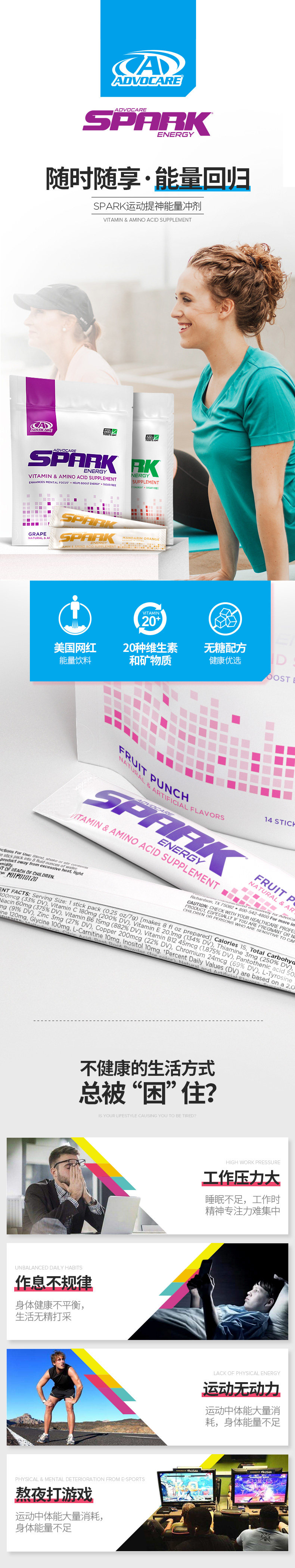 美国进口 AdvoCare SPARK运动提神能量冲剂 7g*14条*2件 双重优惠折后￥49包邮包税（拍2件）6味可选