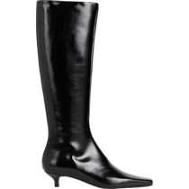 TOTEME Womens Shoes Black Cat Heel Calf Leather Pointed Toe Micropleat High Knee-High Boots