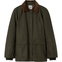 TOTEME womens forest green waxed cotton splicing design workwear style A-line version pointed collar oilcloth jacket