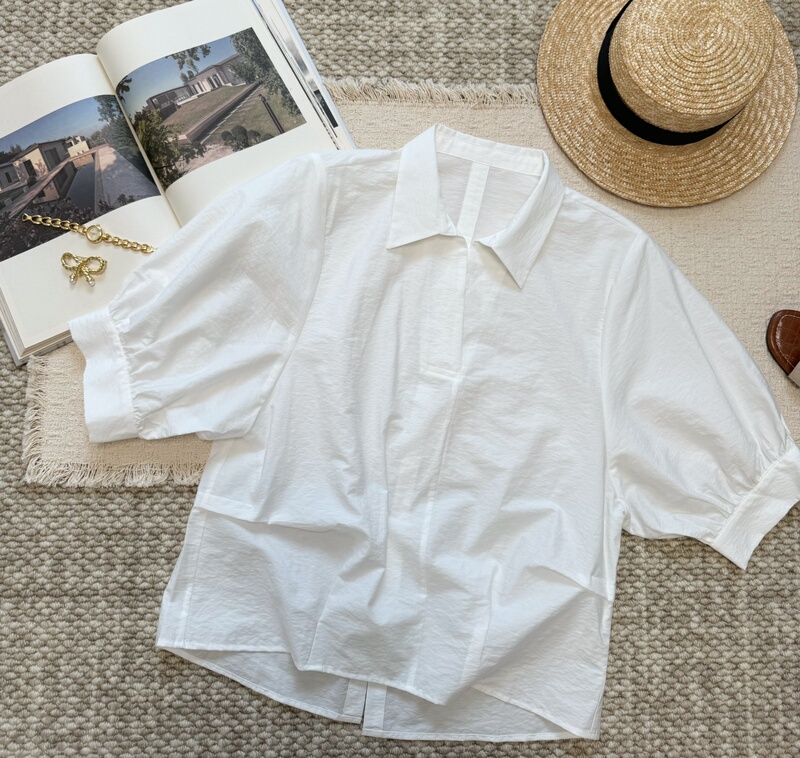Pima Cotton Crinkled Lapel Short-Sleeve Shirt with Lantern Sleeves