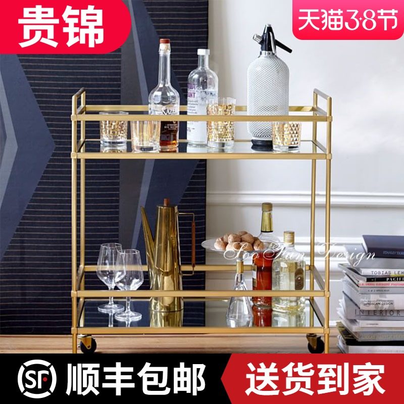 Nordic mobile storage rack wrought iron golden dining car tempered home trolley restaurant high-grade liquor car tea car