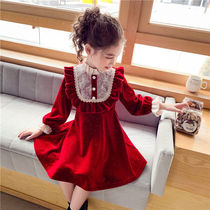 Girl Dress Autumn dress 2020 new children Korean velvet princess dress girl red lace foreign skirt