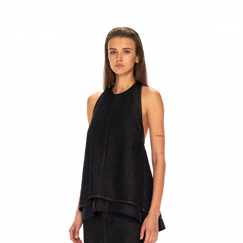 "Turkish Glossy Raw Denim" Fax Copy Express* Original Color Denim Apron-Style Vest "Turkish Glossy Raw Denim" Fax Copy Express* Original Color Denim Apron-Style Vest