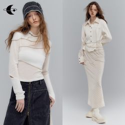 AnnoMundi original designer see-through split stitching bottoming shirt / plaid shirt / checkered fishtail skirt