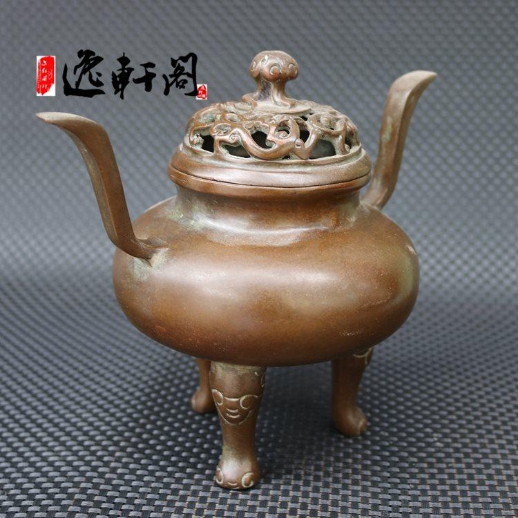 Happy and good old playing antique bronze red copper red bronze big number nose tripored incense stove with double-ear incense insert stove wire incense stove Doming