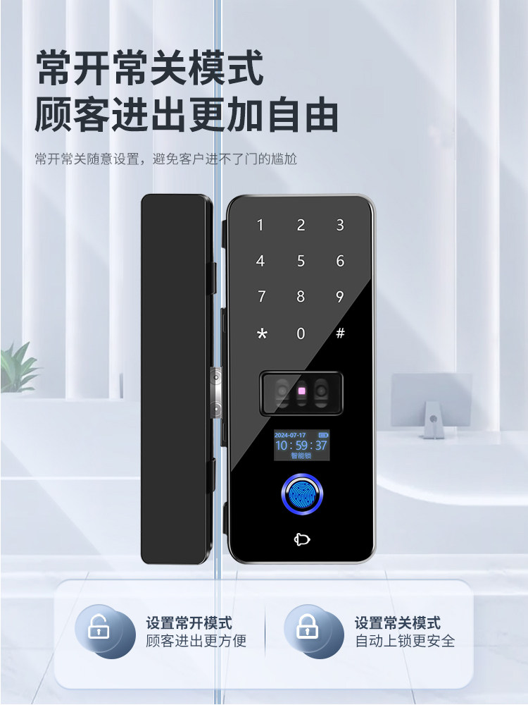 Face Recognition Glass Door Password Lock Double Door Single Opening Fingerprint Lock with Frame and Frameless Office Access Control Smart Door Lock
