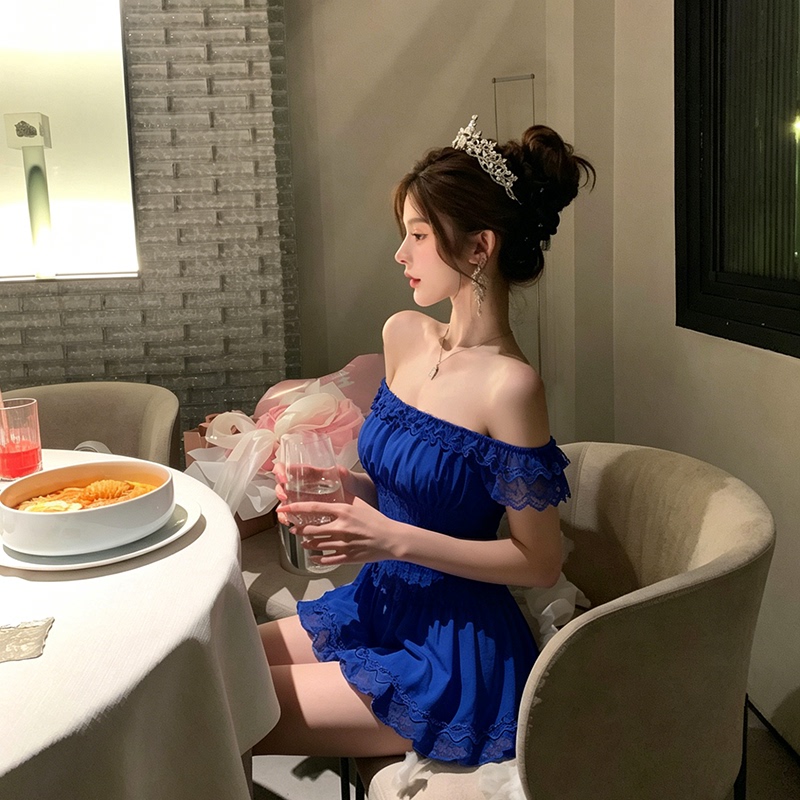 Hyi Deep Blue High-End Lace Patchwork Party Dress Sexy Hot Girl Off-Shoulder Dress
