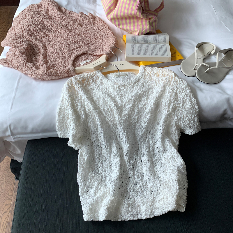 Hz「Skin-Friendly and Beautiful Vine Lace」Soft and Breathable Organic Cotton Round Neck Short-Sleeved T-Shirt Summer 0677