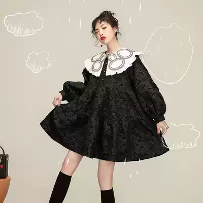High sense brocade jacquard black dress 2021 Autumn New Lotus collar slim a doll skirt
