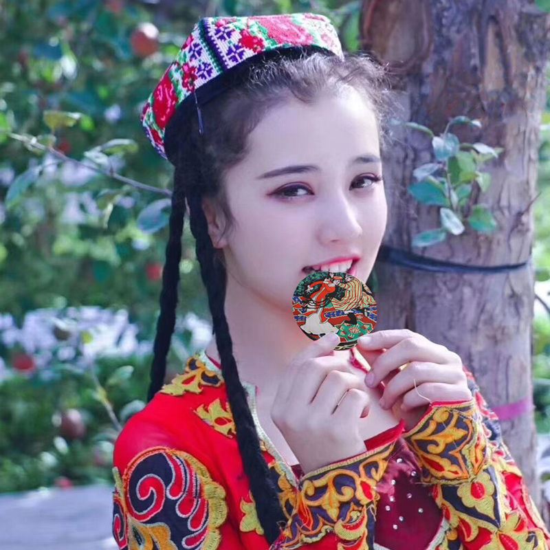 Wei Dance Little Flower Hat female Xinjiang dance hat with braid cross stitch flower belt drill Uygur hat dance Xinjiang dance hat