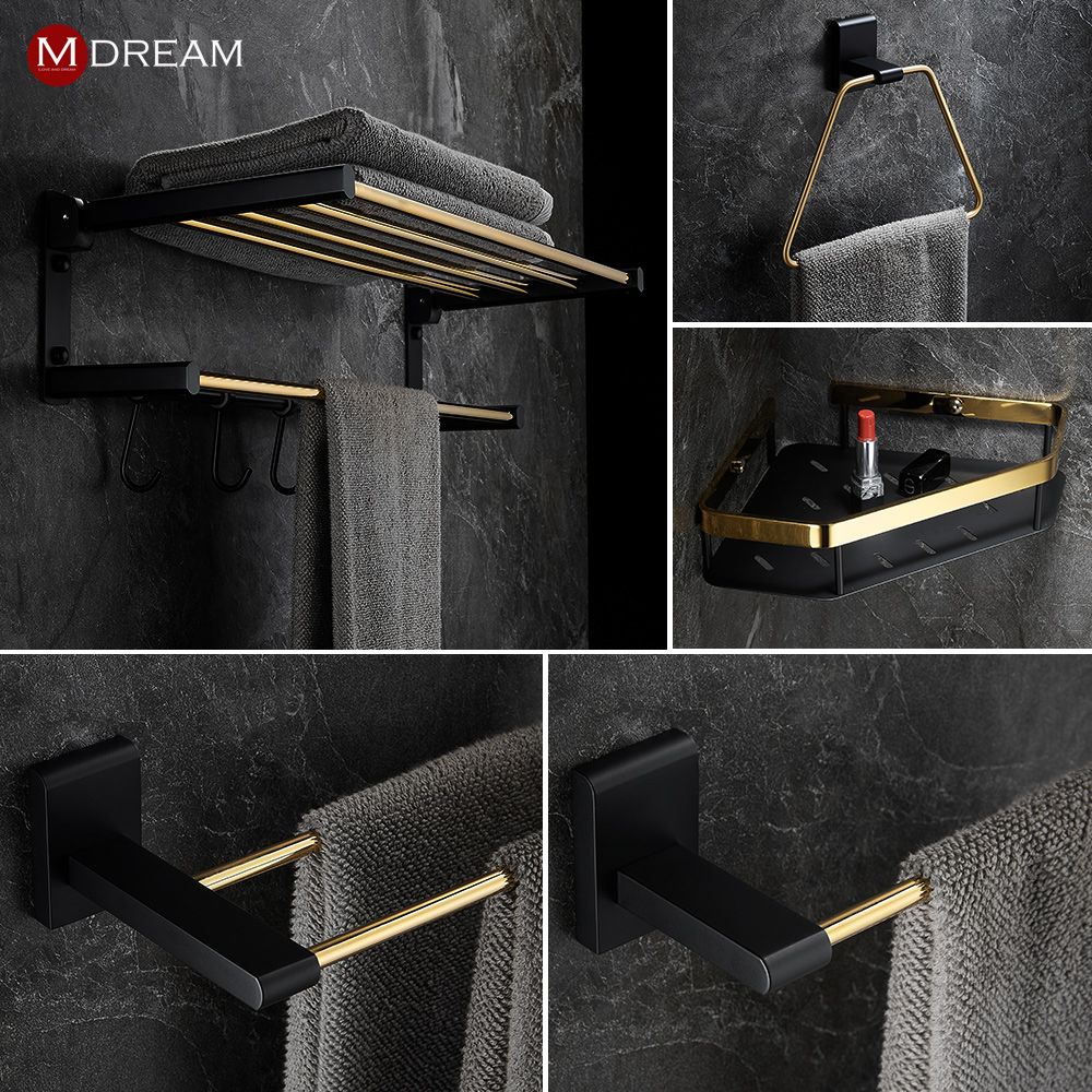 Nordic Light Lavish Black Gold Wool Towel Rack Light Lavish Perforated Bathroom Pendant Makeup Room Solid Shelf Bath Towel Rack