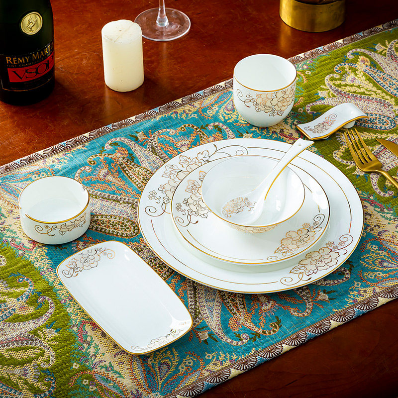 Jingdezhen bone porcelain Chinese style Phnom Penh Mudan Flower Bowl Dishes Suit Unit Hotel Cutlery Terrace High-end Light Lavish Tailor-Taobao