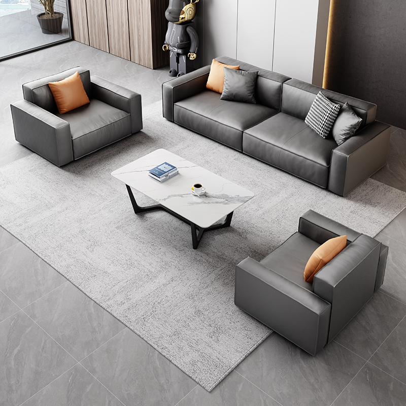 Office sofa coffee table combination leather simple modern business reception office sofa Italian minimalist three-seat