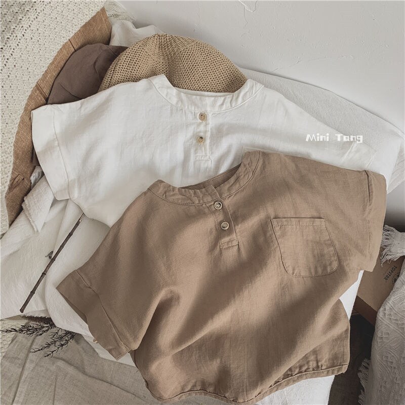 Retro - Han - soft children's loose button short sleeve T - shirt is neutral male and female baby's literary tops Xia