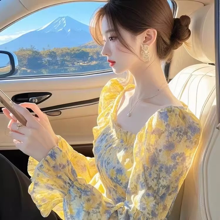 Spring and Autum New Korean Style Salt Style Small Fresh Beautiful Unique Top Chiffon Butterfly Print Bell Sleeve Shirt for Women