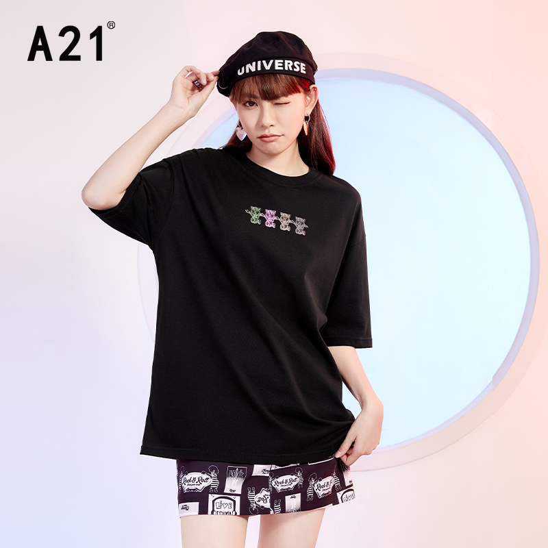 【淘】A21女装针织宽松圆领落肩中袖T恤衫