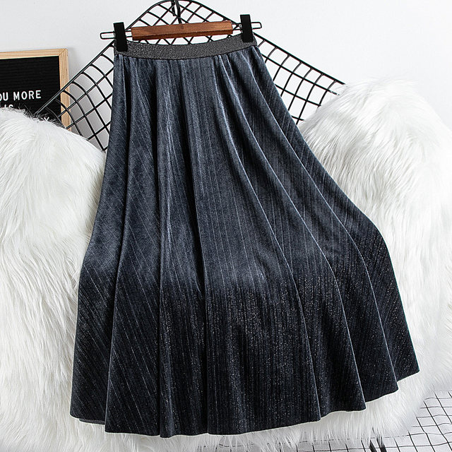 2022 new high waist thin mid-length solid color thickened twill gold velvet big swing skirt autumn and winter women's skirt