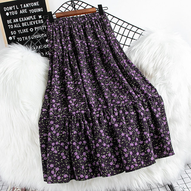 Purple thin temperament small floral mid-length skirt women's spring and summer splicing 2022 new high-waisted skirt