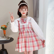 Kids Jk uniform girls skirt spring 2021 new dress pink plaid fake two-piece set princess dress